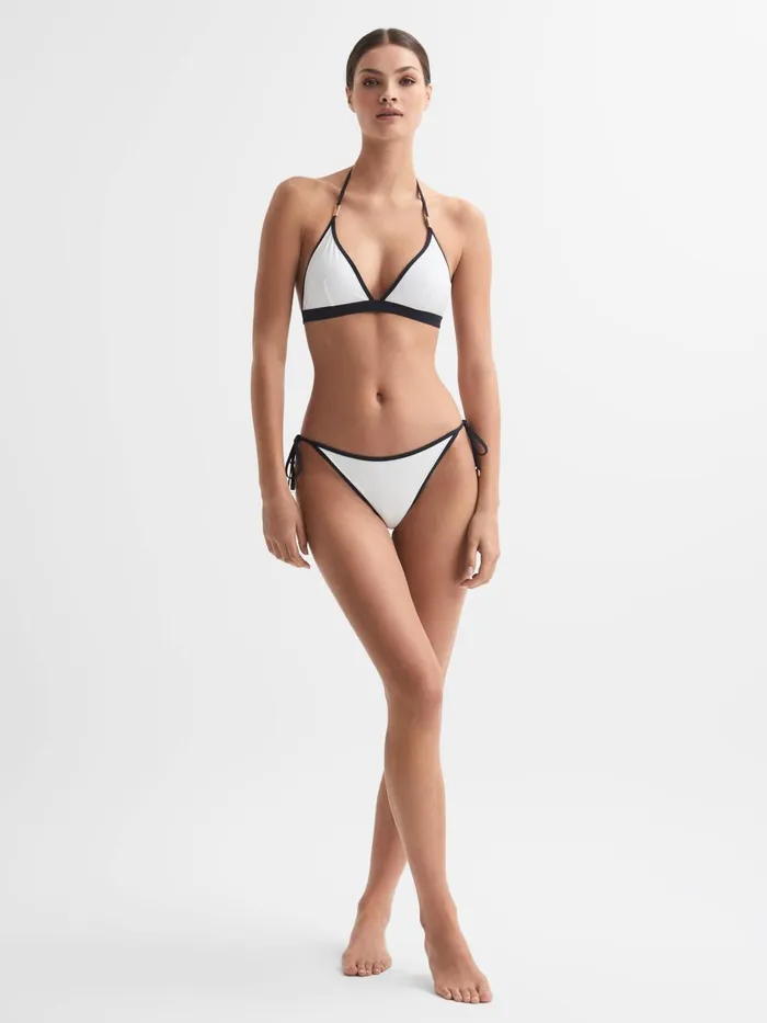 Women Reiss Swimwear Rutha Side Tie Contrast Trim Bikini Bottoms Whitenavy