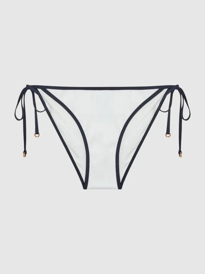Women Reiss Swimwear Rutha Side Tie Contrast Trim Bikini Bottoms Whitenavy