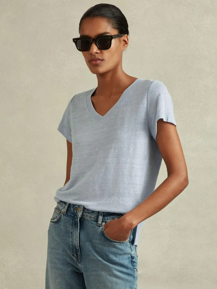 Women Reiss Tops Lottie Marled Linen VNeck TShirt Light Blue