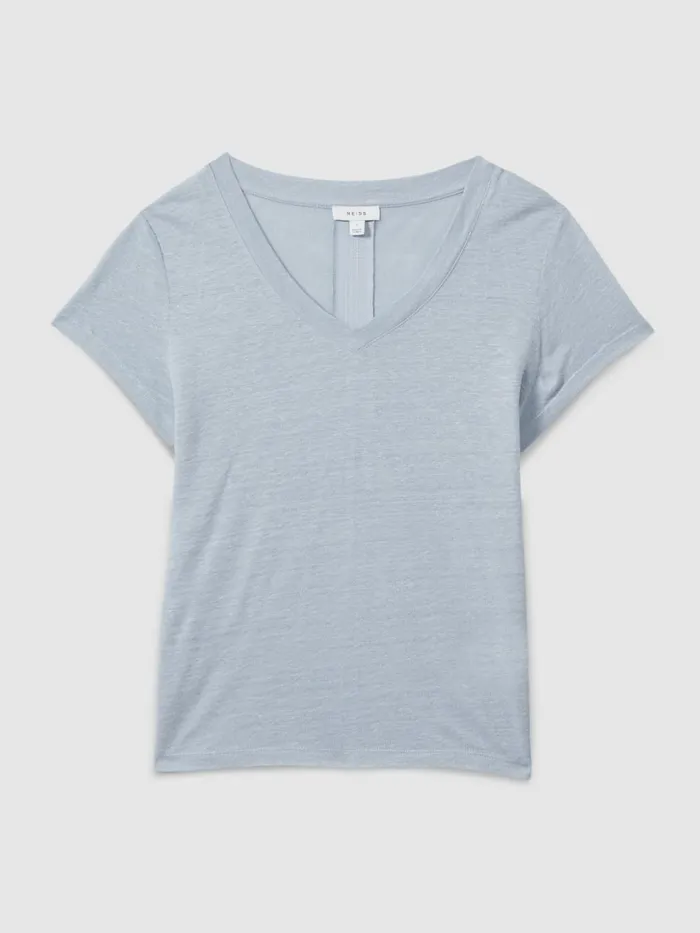 Women Reiss Tops Lottie Marled Linen VNeck TShirt Light Blue