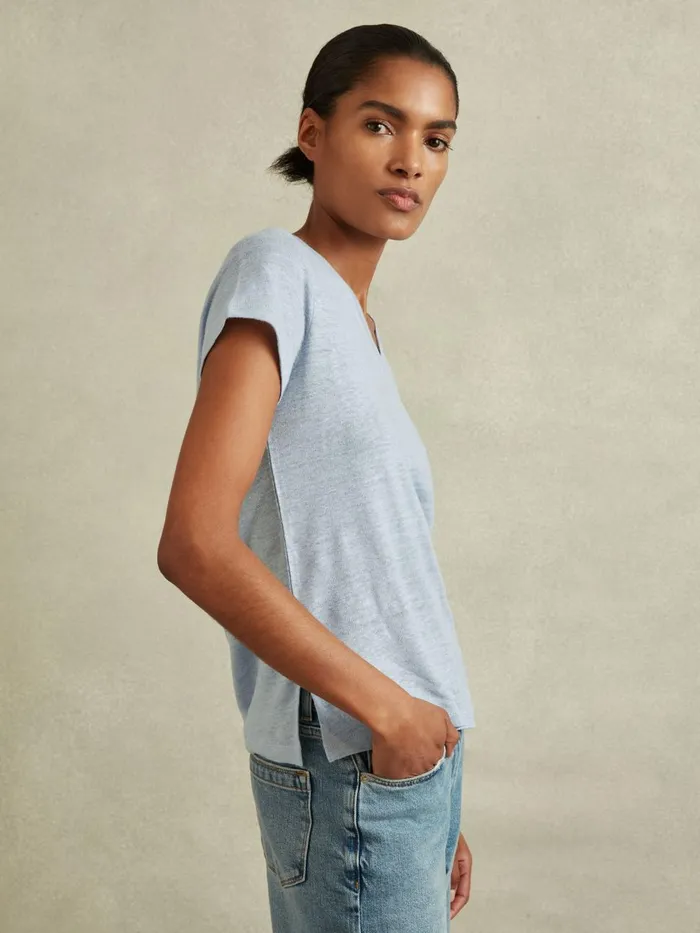 Women Reiss Tops Lottie Marled Linen VNeck TShirt Light Blue