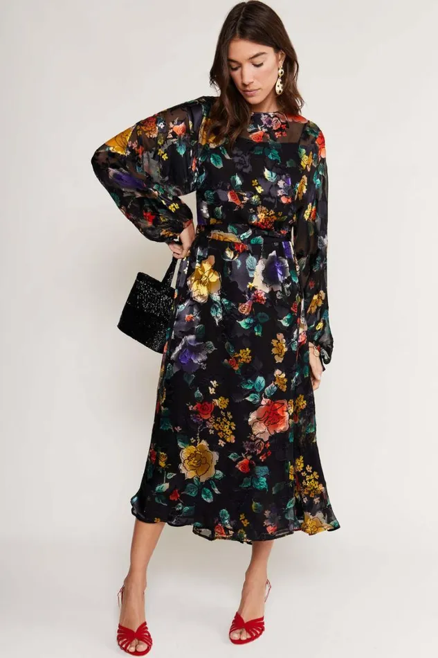 Women RIXO All Clothing Pia Silk Midi Dress Ombr Bloom Black
