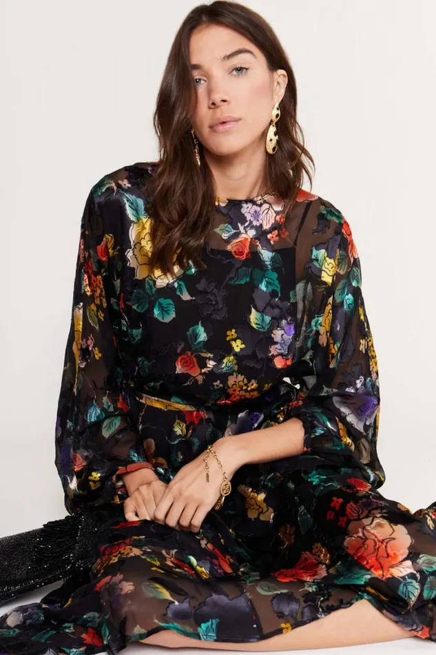Women RIXO All Clothing Pia Silk Midi Dress Ombr Bloom Black