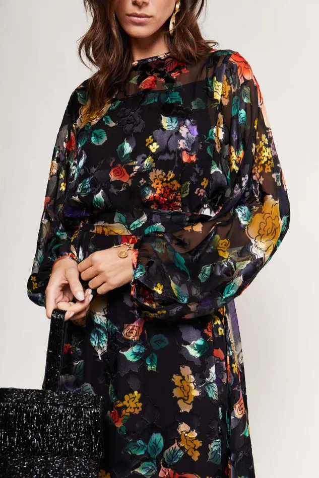 Women RIXO All Clothing Pia Silk Midi Dress Ombr Bloom Black