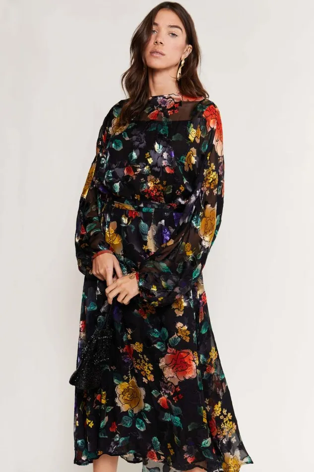 Women RIXO All Clothing Pia Silk Midi Dress Ombr Bloom Black