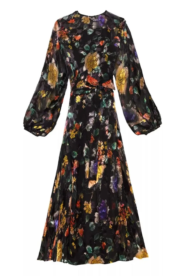 Women RIXO All Clothing Pia Silk Midi Dress Ombr Bloom Black
