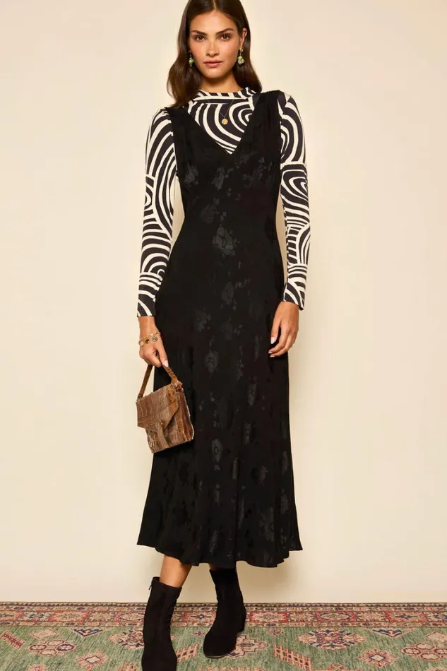 Women RIXO All Clothing Sandrine Midi Dress Black Poppy Jacquard