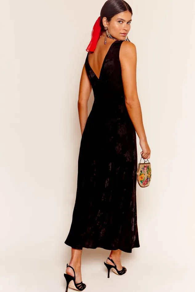 Women RIXO All Clothing Sandrine Midi Dress Black Poppy Jacquard