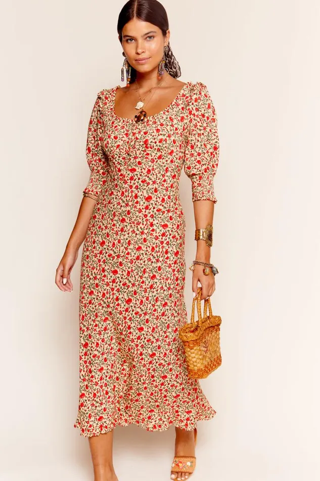 Women RIXO All Clothing Sathya Midi Dress Ditsy Trail Cream