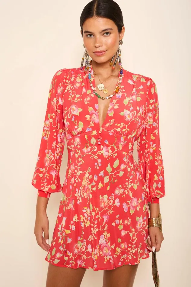 Women RIXO Last Chance Hebe Silk Mini Dress Waterblossom Red