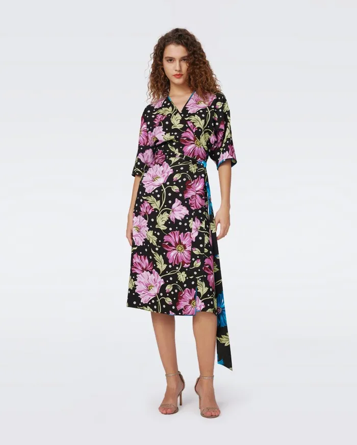 Women Rosalina Reversible Wrap Dress Hendrix Floral Pink Dot And Teal DVF Dresses