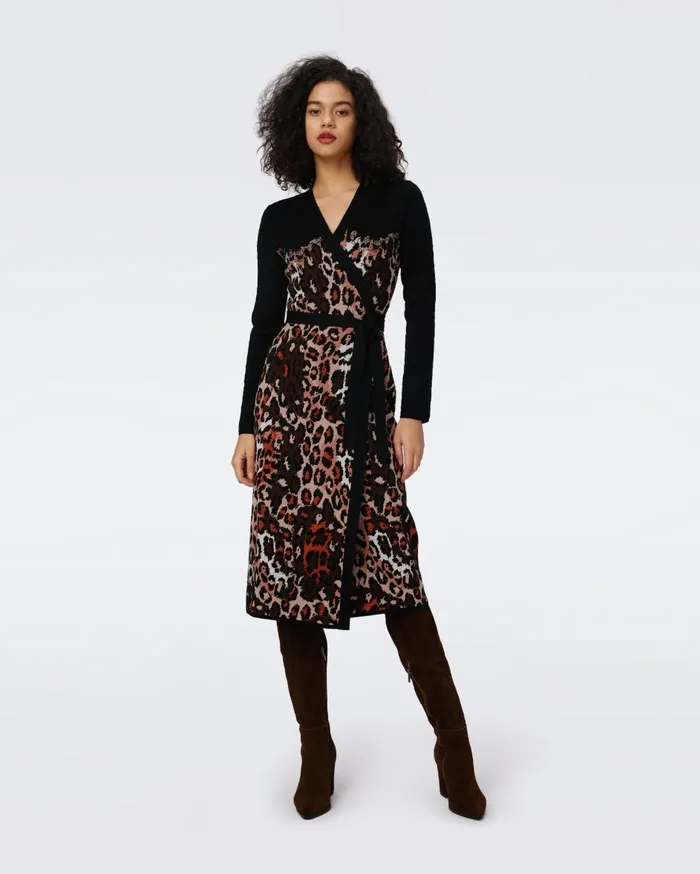 Women Savannah Knit Jacquard Wrap Dress Tiny Jungle Cat And Black DVF Dresses