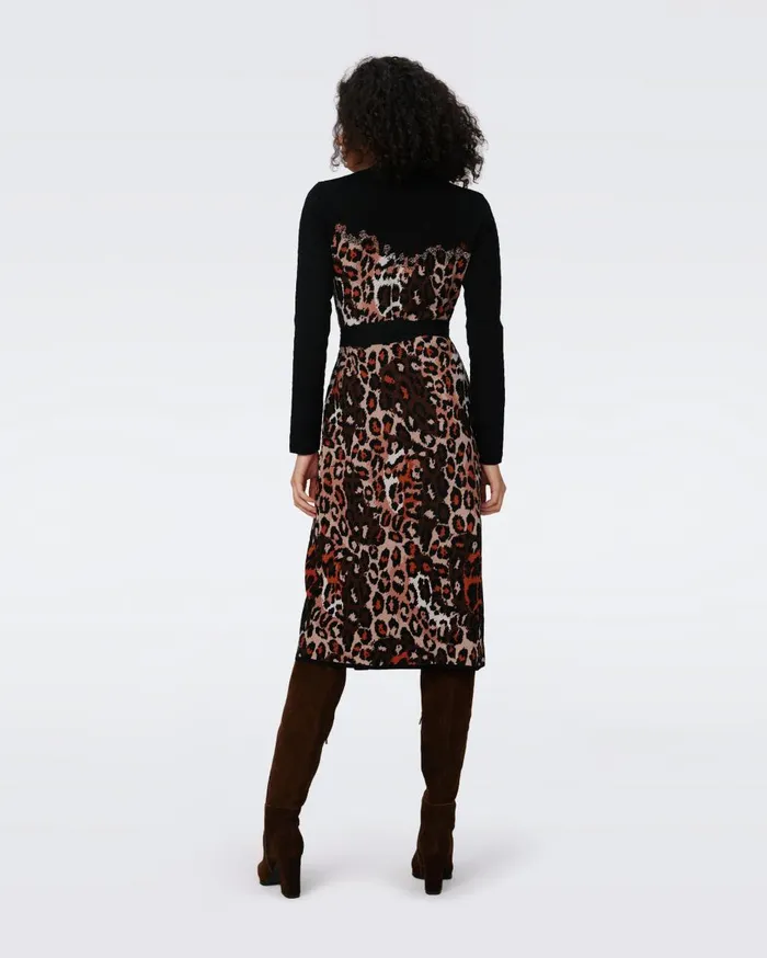 Women Savannah Knit Jacquard Wrap Dress Tiny Jungle Cat And Black DVF Dresses