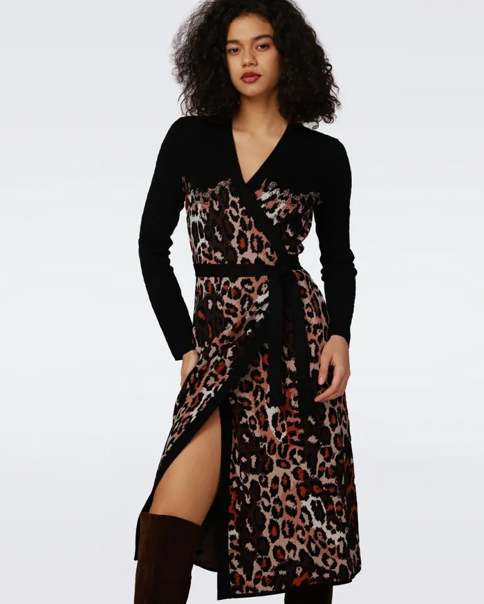 Women Savannah Knit Jacquard Wrap Dress Tiny Jungle Cat And Black DVF Dresses