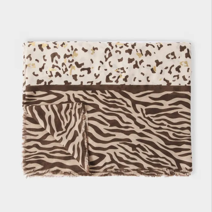 Women Scarves and Womenswear Katie Loxton Animal Printed Foil Scarf 8211 Chocolate Ecru And Gold