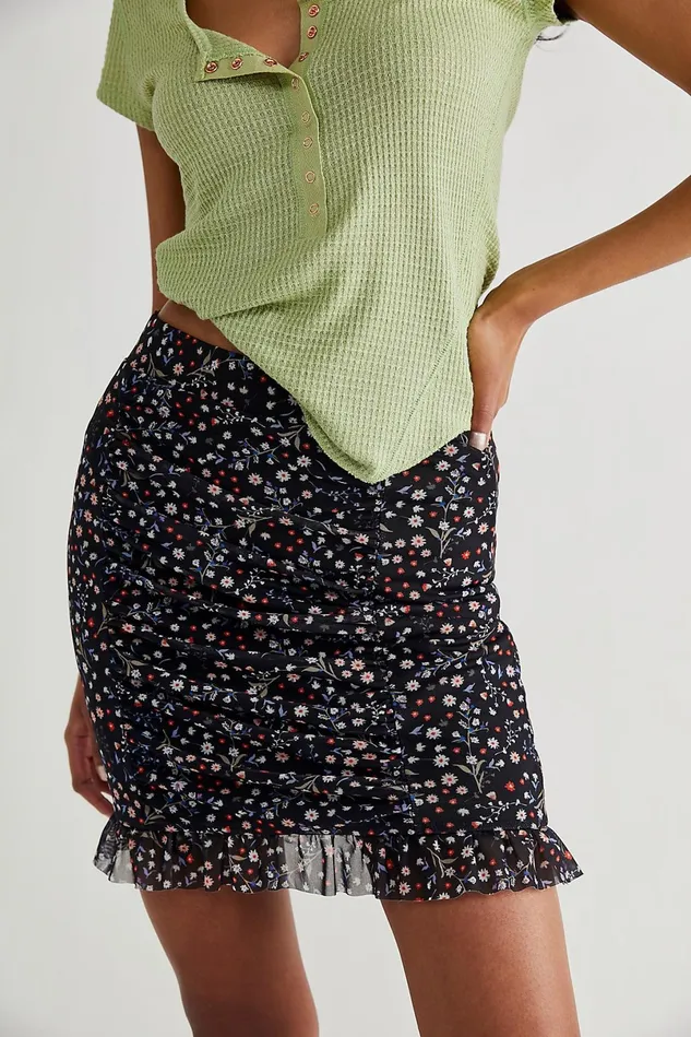 Women Skirts Free People Romi Mesh Mini Skirt Black Floral Combo