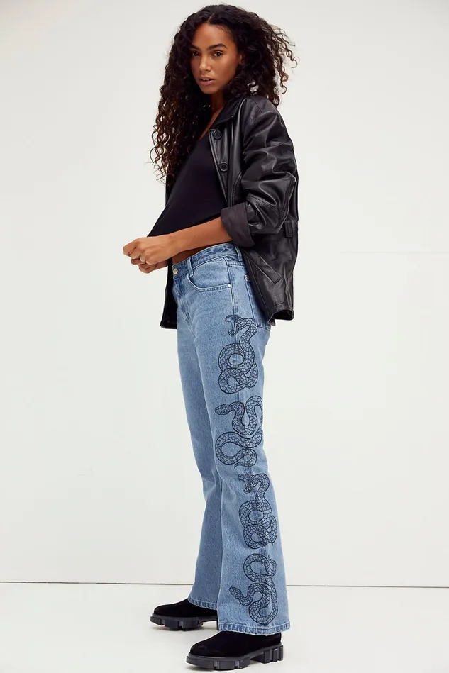 Women Statement Jeans Free People Side Snake Denim Flare Jeans Light Blue