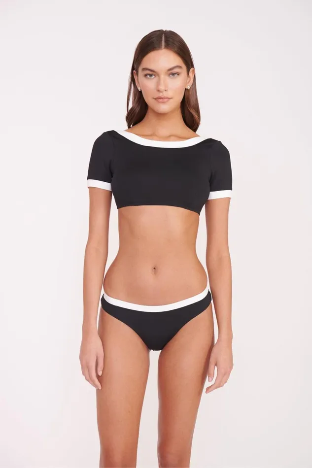 Women STAUD Bikinis LILY SHORT SLEEVE BIKINI TOP BLACK WHITE