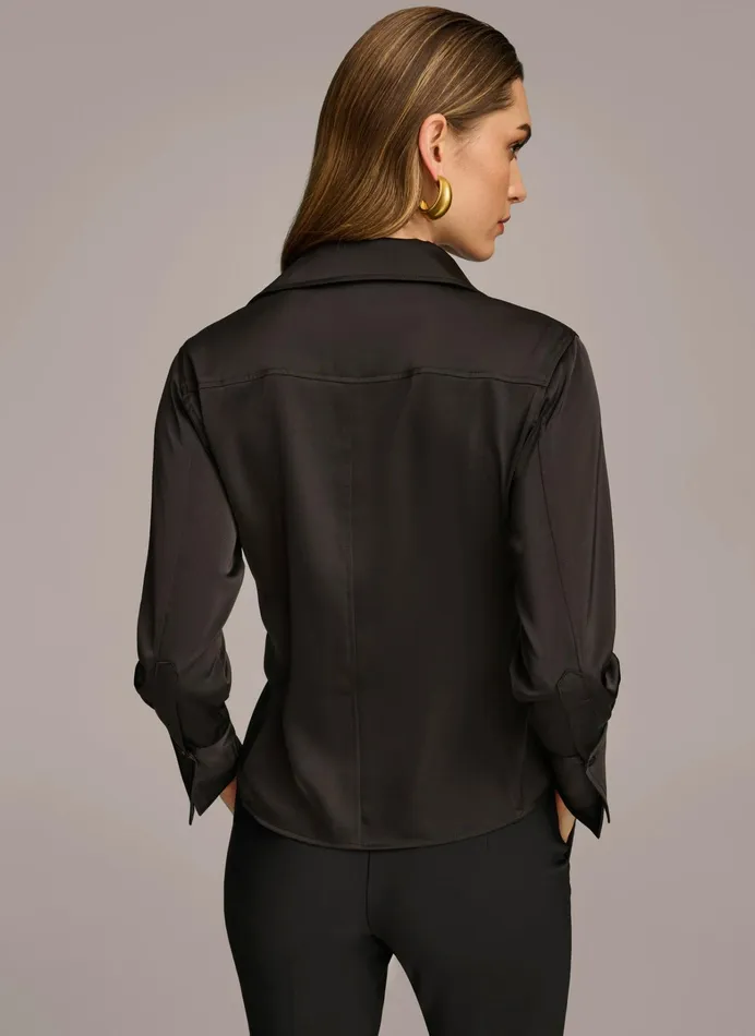 Women Sweaters And Tops Donna Karan COLLARED BUTTON DOWN BLOUSE Black