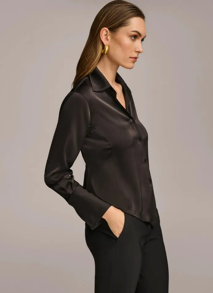 Women Sweaters And Tops Donna Karan COLLARED BUTTON DOWN BLOUSE Black
