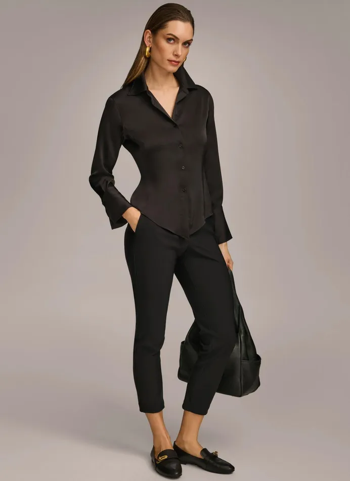 Women Sweaters And Tops Donna Karan COLLARED BUTTON DOWN BLOUSE Black