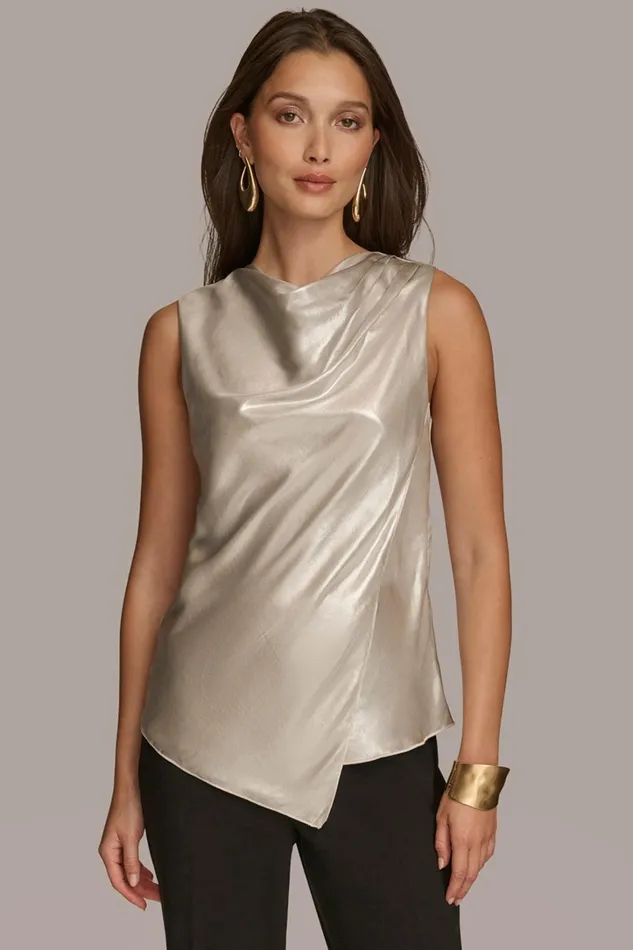 Women Sweaters And Tops Donna Karan NOVELTY SLEEVELESS DRAPE FRONT BLOUSE Silver