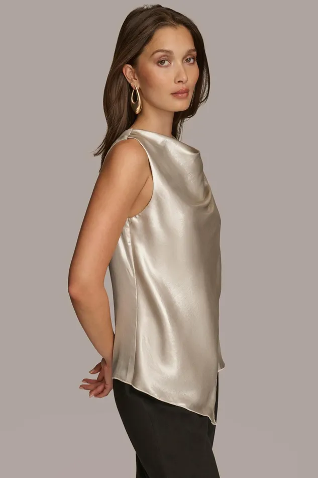 Women Sweaters And Tops Donna Karan NOVELTY SLEEVELESS DRAPE FRONT BLOUSE Silver