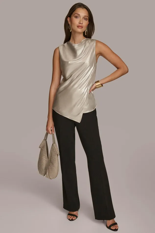 Women Sweaters And Tops Donna Karan NOVELTY SLEEVELESS DRAPE FRONT BLOUSE Silver