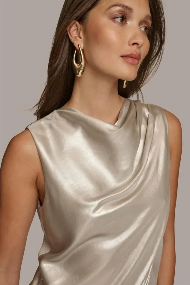 Women Sweaters And Tops Donna Karan NOVELTY SLEEVELESS DRAPE FRONT BLOUSE Silver