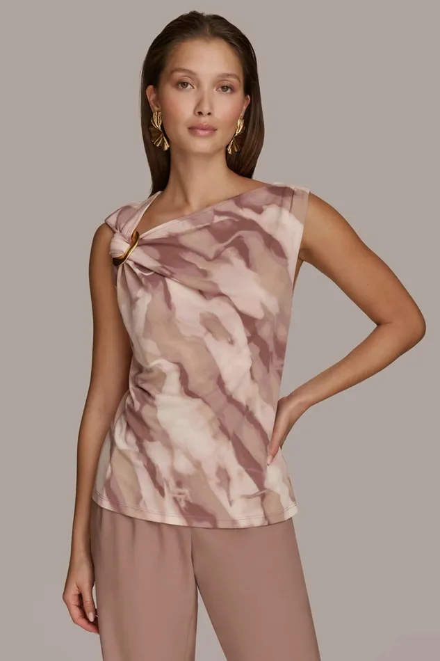 Women Sweaters And Tops Donna Karan PRINT SHOULDER TWIST HARDWARE TOP Mink Combo
