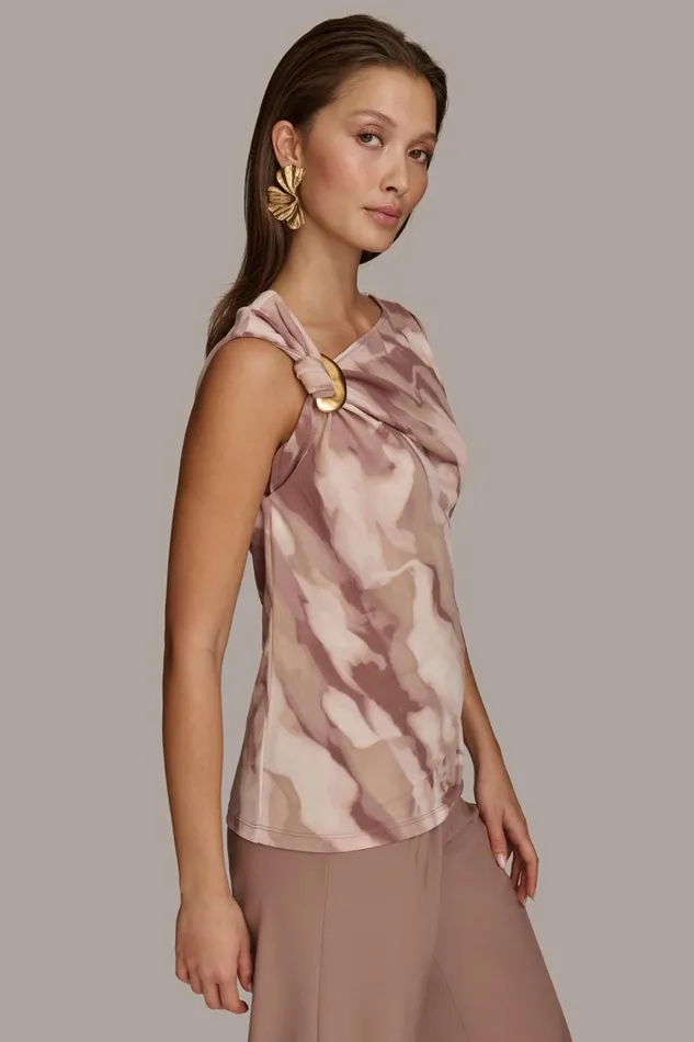Women Sweaters And Tops Donna Karan PRINT SHOULDER TWIST HARDWARE TOP Mink Combo