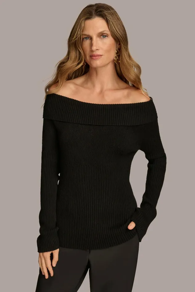 Women Sweaters And Tops Donna Karan RIBBED BOAT NECK TOP Black