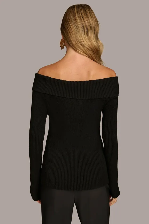 Women Sweaters And Tops Donna Karan RIBBED BOAT NECK TOP Black