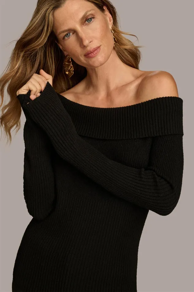 Women Sweaters And Tops Donna Karan RIBBED BOAT NECK TOP Black