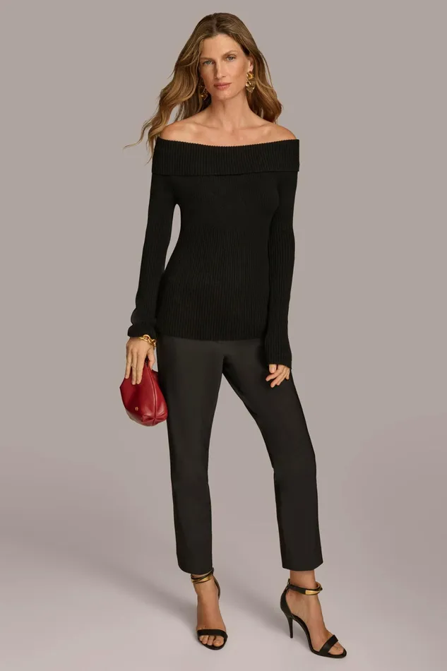 Women Sweaters And Tops Donna Karan RIBBED BOAT NECK TOP Black