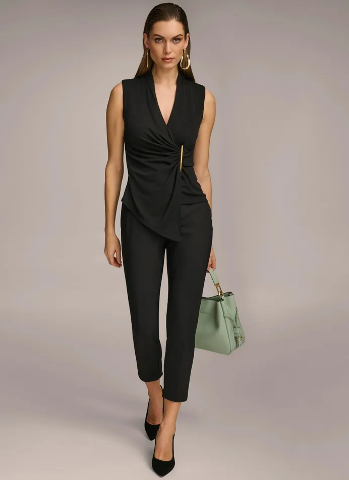 Women Sweaters And Tops Donna Karan VNECK TOP WITH HARDWARE AND RUCHED DETAIL Black