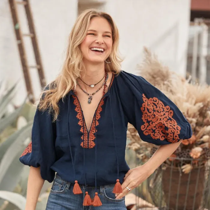 Women Tahiti Embroidered Top Navy Sundance Catalog Tops