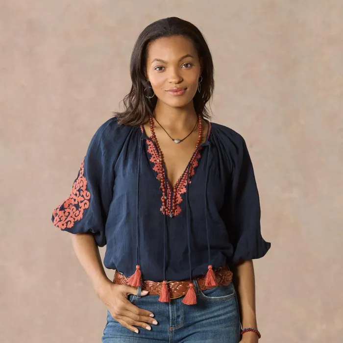 Women Tahiti Embroidered Top Navy Sundance Catalog Tops Women Tahiti Embroidered Top Navy Sundance Catalog Tops