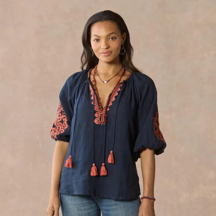 Women Tahiti Embroidered Top Navy Sundance Catalog Tops Women Tahiti Embroidered Top Navy Sundance Catalog Tops