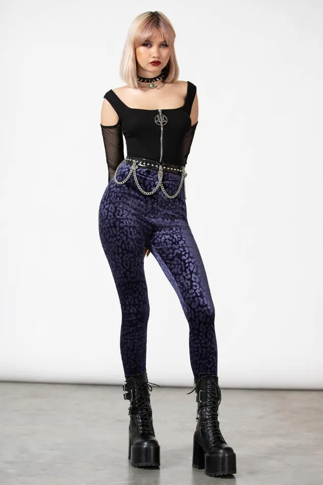Women Velvet Killstar Caturday Leggings PLUM