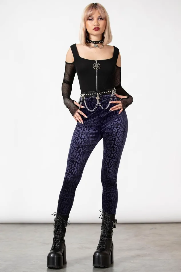Women Velvet Killstar Caturday Leggings PLUM