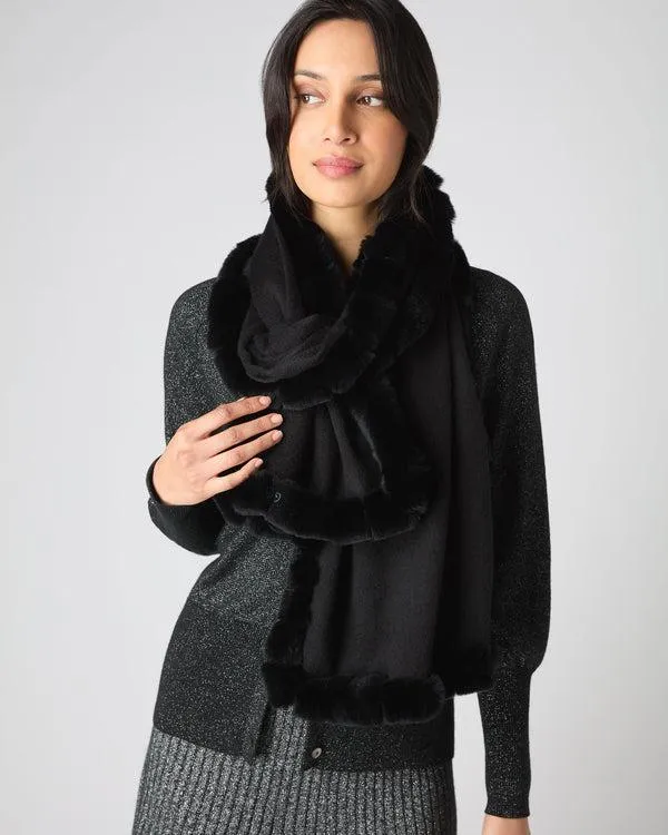 Women Women039s Cashmere Scarf With Fur TrimIn Black Black NPeal Cashmere Scarves