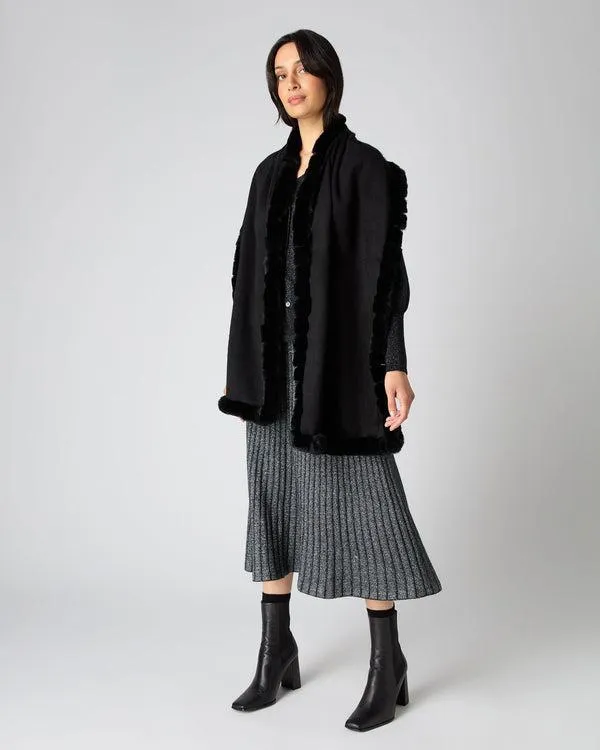 Women Women039s Cashmere Scarf With Fur TrimIn Black Black NPeal Cashmere Scarves