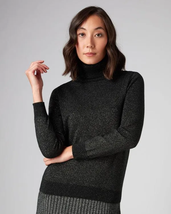 Women Women039s Polo Neck Cashmere Sweater With LurexIn Black Sparkle Black Sparkle NPeal Turtle Necks