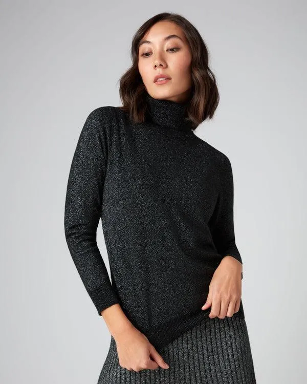 Women Women039s Polo Neck Cashmere Sweater With LurexIn Black Sparkle Black Sparkle NPeal Turtle Necks