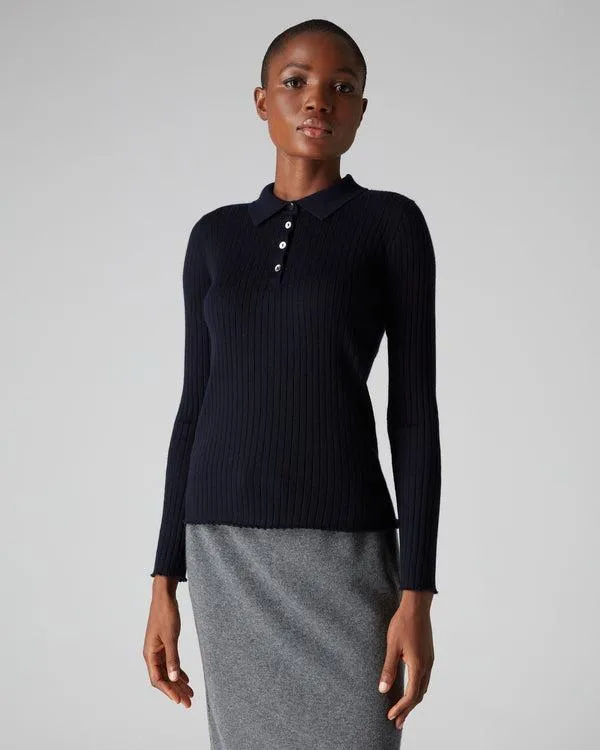 Women Women039s Superfine Collared Rib Cashmere SweaterIn Navy Blue Navy Blue NPeal Tops and Tshirts