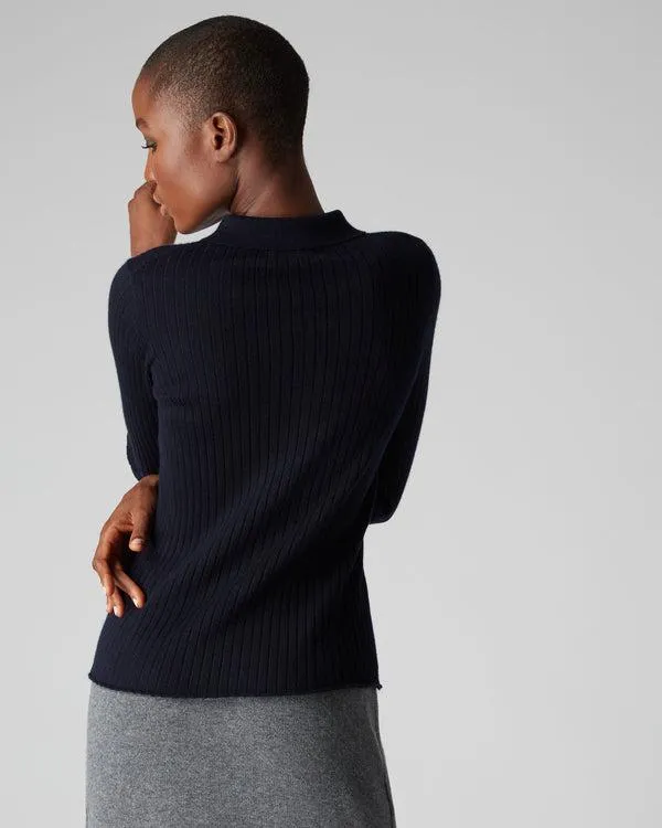 Women Women039s Superfine Collared Rib Cashmere SweaterIn Navy Blue Navy Blue NPeal Tops and Tshirts