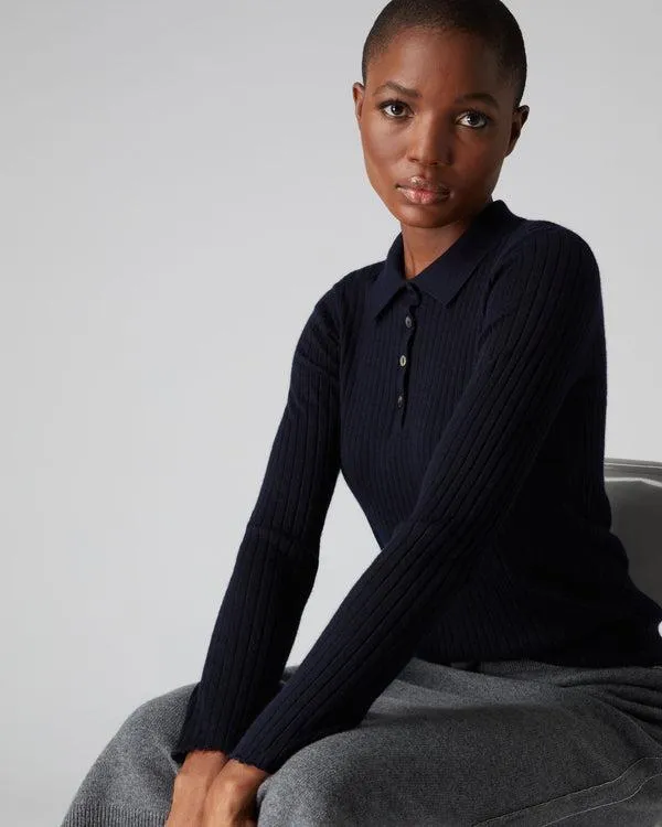 Women Women039s Superfine Collared Rib Cashmere SweaterIn Navy Blue Navy Blue NPeal Tops and Tshirts