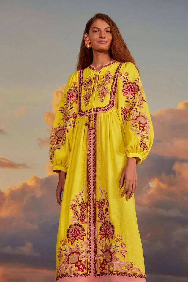 Women Yellow Embroidered Garden Tapestry Midi Dress Garden Tapestry Yellow FARM Rio Midi Dresses