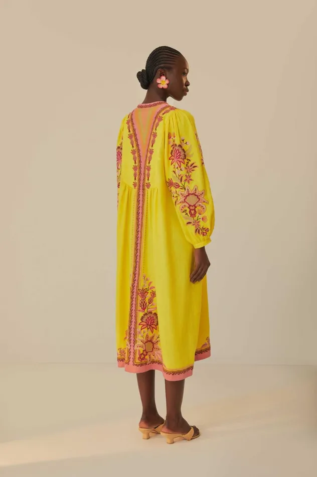 Women Yellow Embroidered Garden Tapestry Midi Dress Garden Tapestry Yellow FARM Rio Midi Dresses